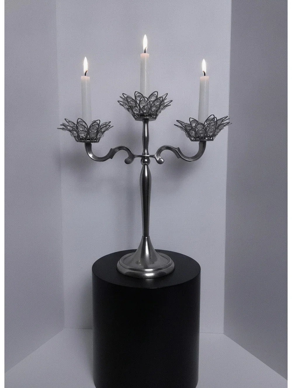 Elegant 3-Arm Silver Metal Candelabra with Crystal Beaded Flower Cups